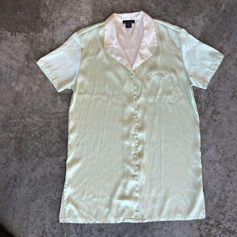 Jones New York Sage Green Satin Button-up Short Sleeve Dress Women's Large